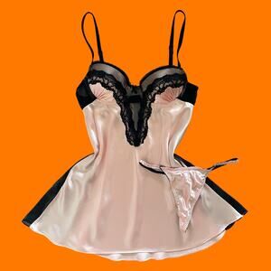 00's vintage satin lace sheer mesh 2pc babydoll slip lingerie set SMALL MEDIUM